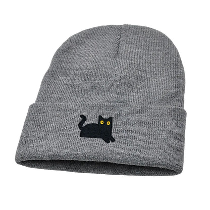 Stretchy Lightweight Knit Beanies Embroidered Black Cat Hat Women Men Winter Warm Hip-Hop Cold