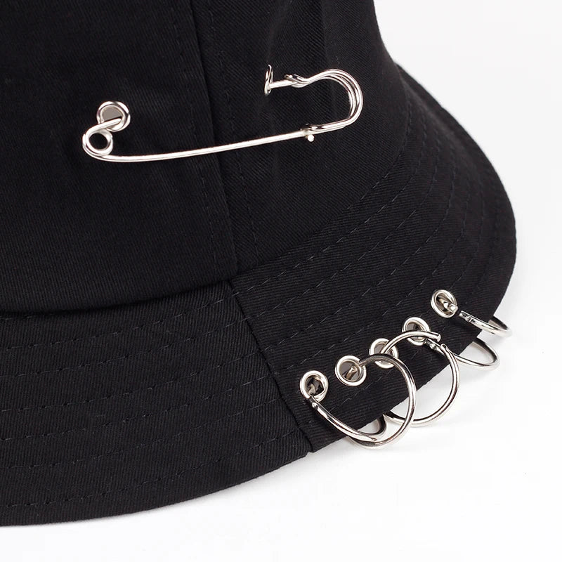 Solid Color Iron Pin Rings Personality Bucket Hat Cap Unisex Women Men Cotton Fishermen Caps