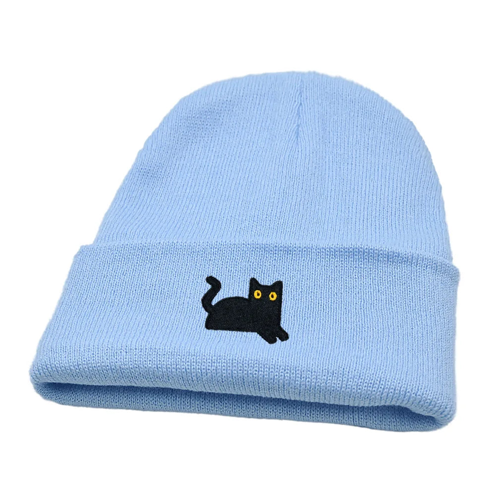 Stretchy Lightweight Knit Beanies Embroidered Black Cat Hat Women Men Winter Warm Hip-Hop Cold