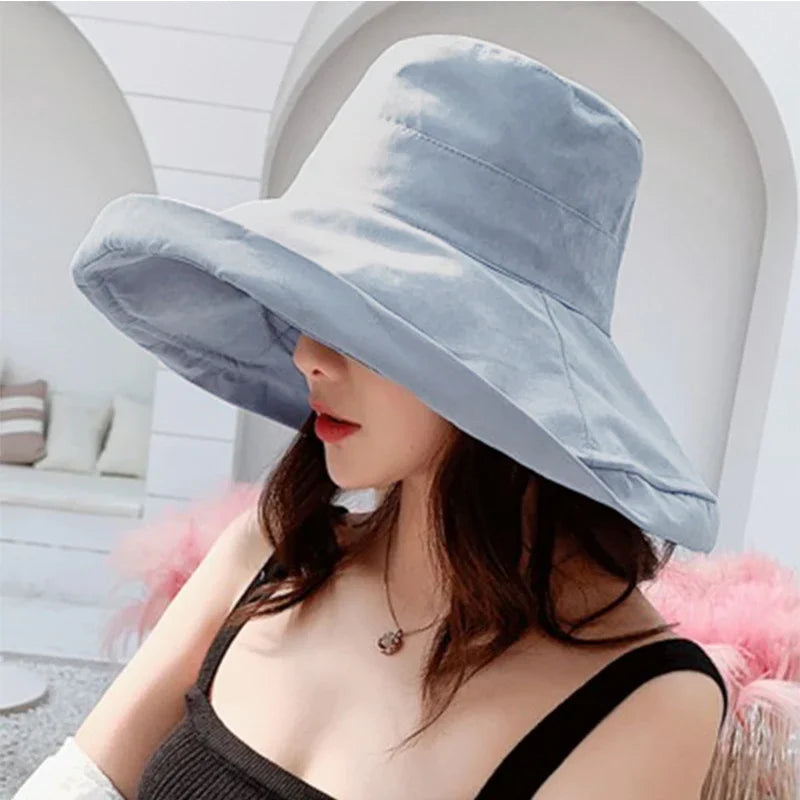 Spring Summer Women S Bucket Hat Panamanian Four Seasons Fisherman Big Brim Double-Sided Solid Color