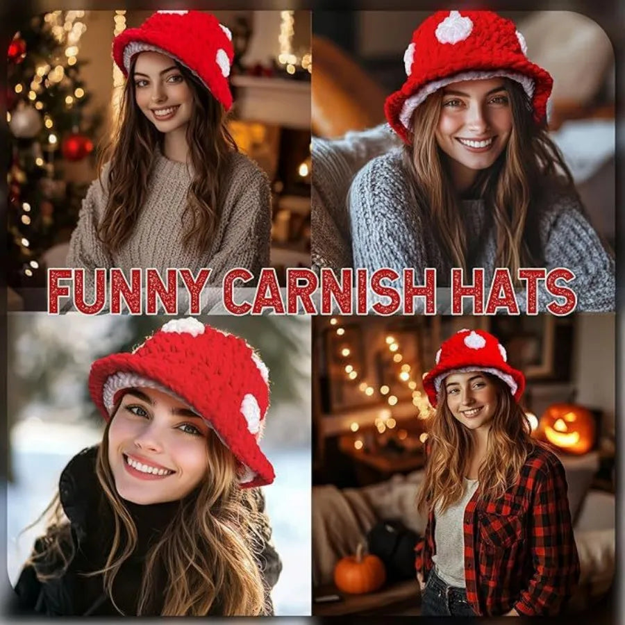 Christmas Fall Winter Crochet Bucket Hat Unisex Cute Mushroom Berets For Women Warm Fluffy Handmade Knitted Hats Gift Couple Hat