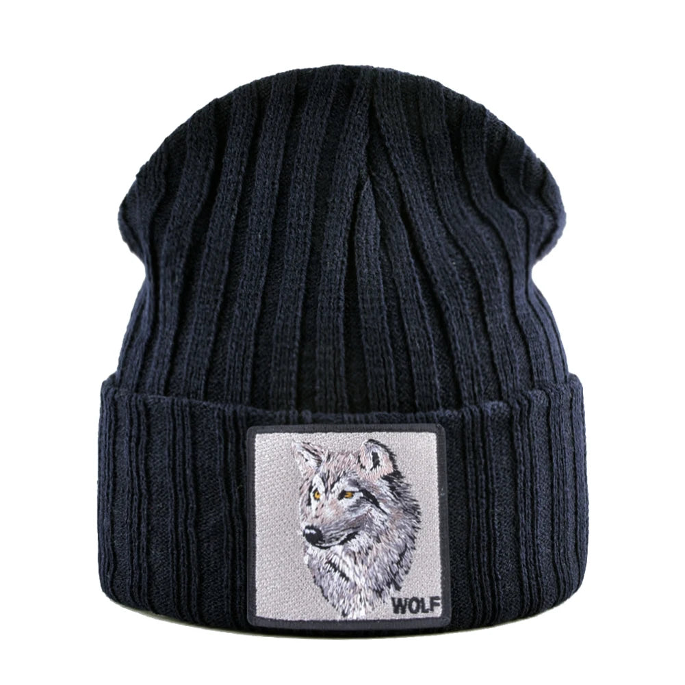 Men's Beanie With Wolf Patch Autumn Knitted Skullies Caps Women Winter Soft Knit Bonnet Beanies Fashion Hip Hop Gorras Hats