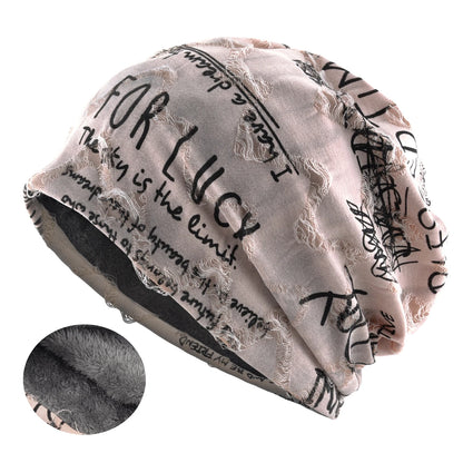 Letter Print Beanie Hats For Women Men Vintage Distressed Cracked Design Wasteland Style Spring Summer Warm Fleece-lined Winter