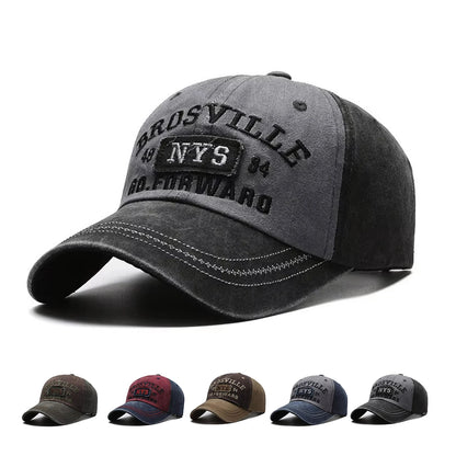 Four Seasons Men Baseball Cap Casual Distressed Washed Cotton Letter Embroidered Bent Brim Dome Sun