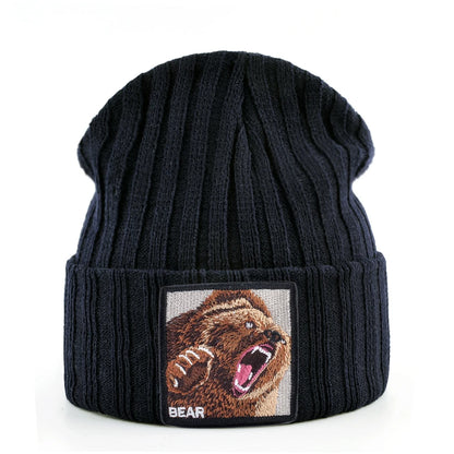 Unisex Black Beanie Hat With Animals Embroidery Patch Knitted Skull Cap For Men Women For Autumn Winter Streetwear Bonnet Hats
