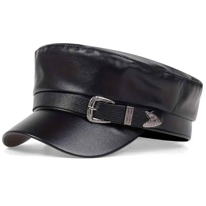 Women Large Belt Buckle Leather Hat Spring Autumn Sailor Hats Black Ladies Beret Caps Men Flat Top