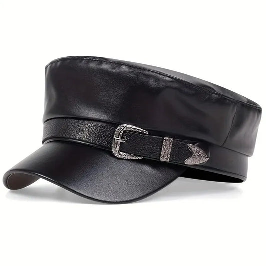 Women Large Belt Buckle Leather Hat Spring Autumn Sailor Hats Black Ladies Beret Caps Men Flat Top