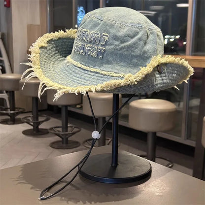 Designer Letter Tassel Denim Bucket Hats Women Summer Sun Protection Hiking Cap Panama Beach Hat Men