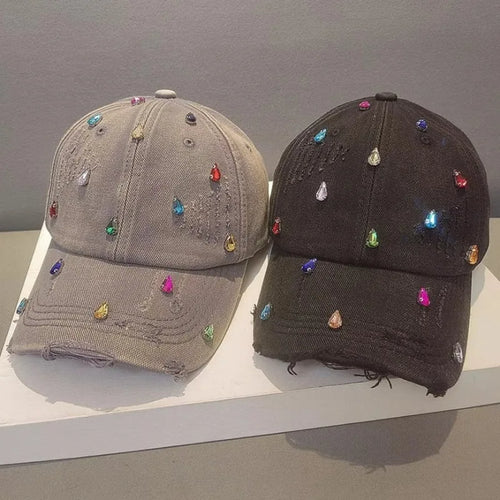 Luxury Water Diamond Baseball Caps Korean Designer Manual Personalized Sun Hat Men Women Youth Trend  Water Washed Snapback Cap
