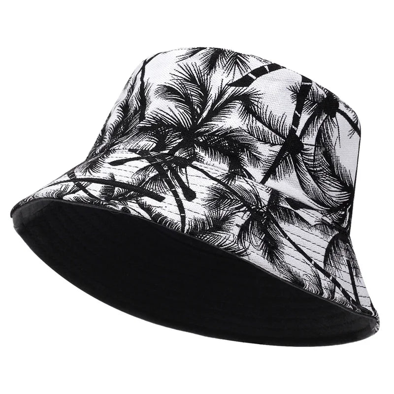 Men Women Coconut Tree Bucket Hat Cotton Printing Hip Hop Fisherman Panama Sun Outdoor Street Casual