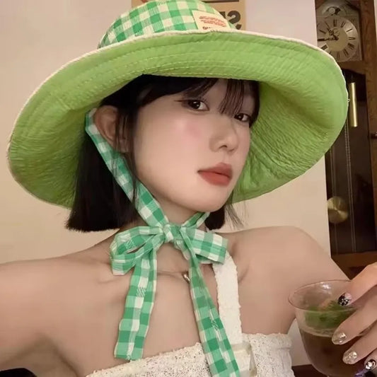Korean Version Stripe Wide Edge Strap Bucket Hat Sunscreen Hat Women's Basin Hats Summer Big Brim Showing Face Small Sun Hats