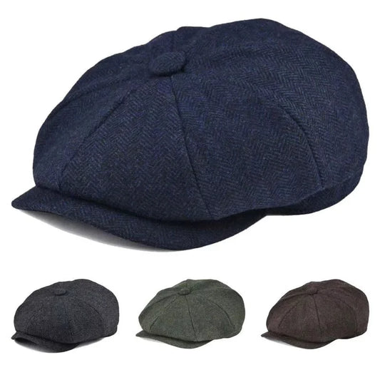 Vintage Wool Tweed Navy Blue Herringbone Newsboy Cap Unisex 8-Quarter Panelstyle Flat Caps Women