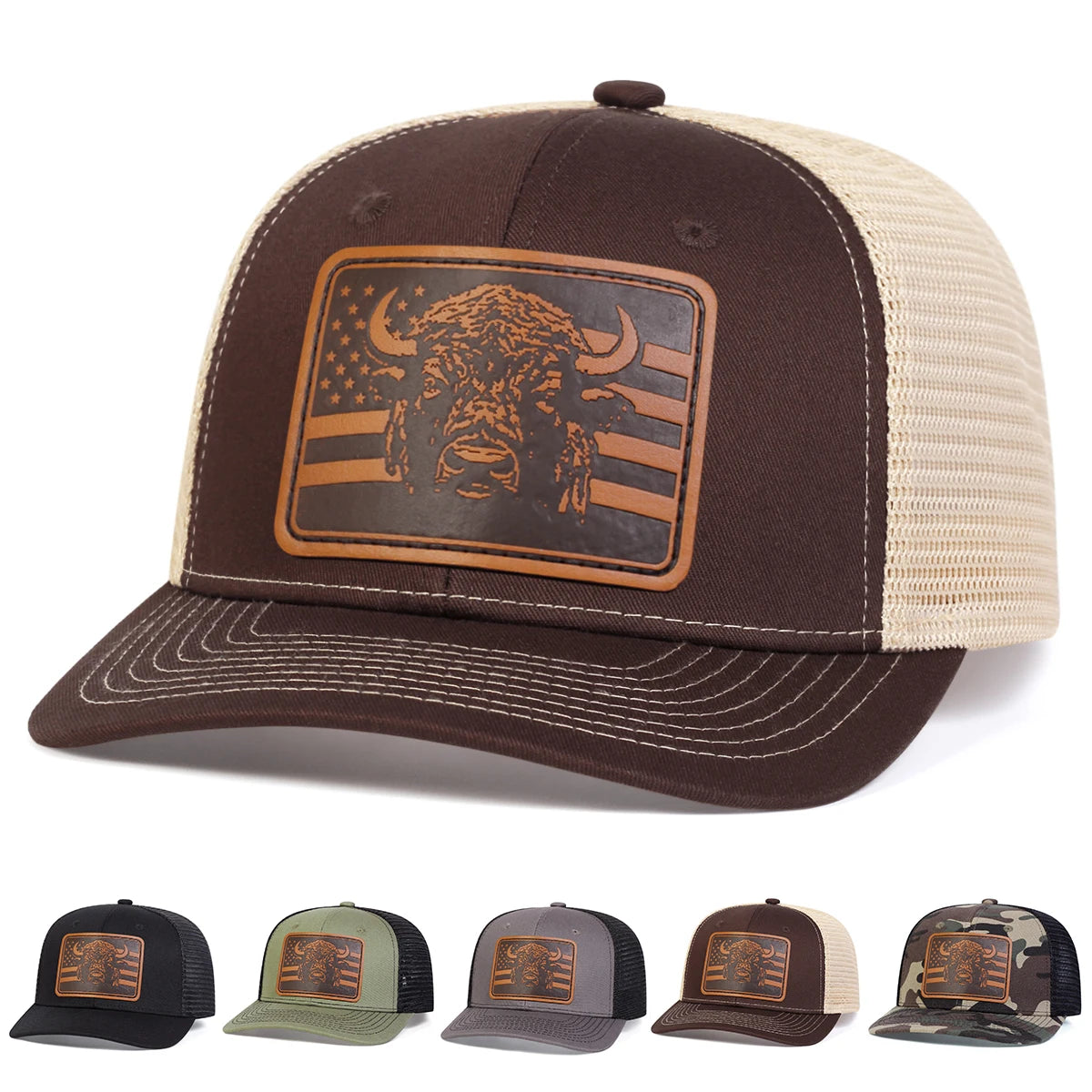 Unisex Brown Flag Bull Head Leather Label Baseball Net Caps Spring Summer Outdoor Adjustable Casual