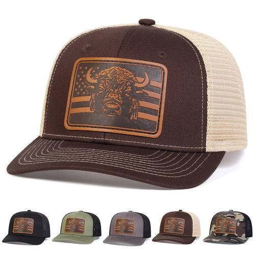Unisex Brown Flag Bull Head Leather Label Baseball Net Caps Spring Summer Outdoor Adjustable Casual
