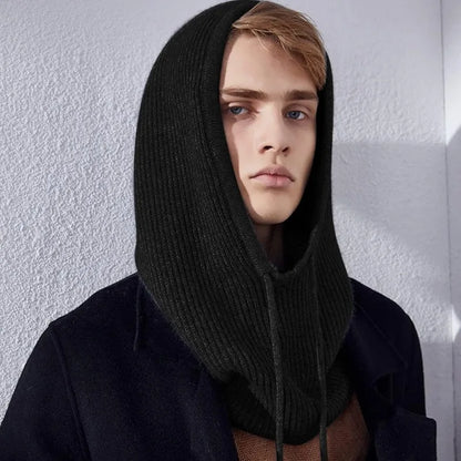Winter Hats for Men Balaclava Knit Hats with Drawstring Warm Hooded Scarf Hat Solid Color Neck Collar Knitted Pullover Beanies