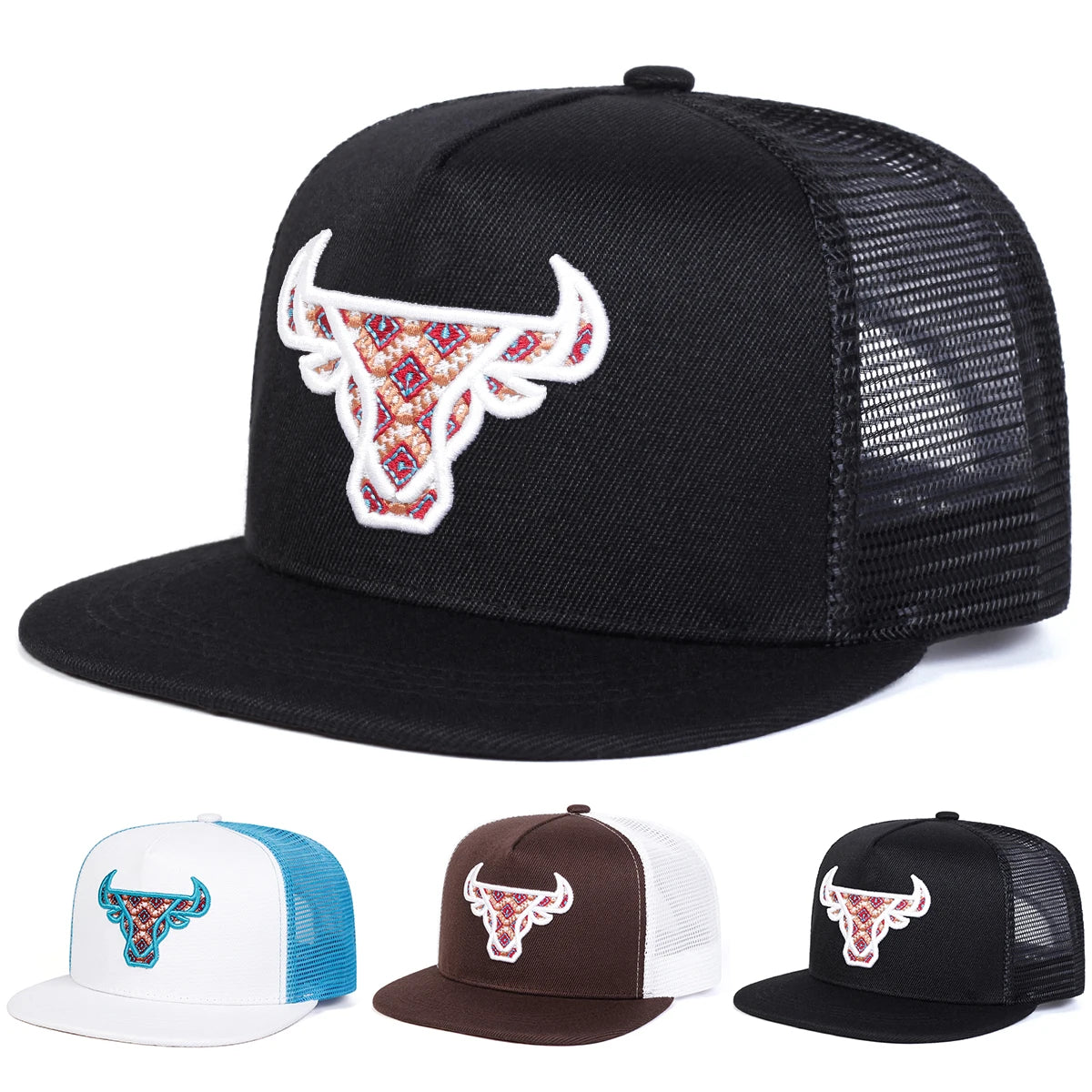 Unisex Ox Head Embroidery Hip-Hop Net Hats Spring Summer Outdoor Adjustable Casual Baseball Caps