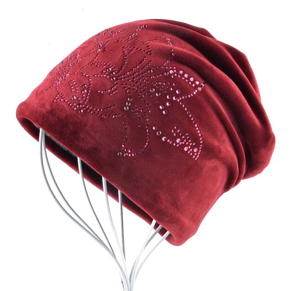 Women's Winter Double-Layer Flannel Knitted Beanie And Scarf Set Diamond Daffodil Pattern Hat Warm Windproof Cold Weather Bonnet