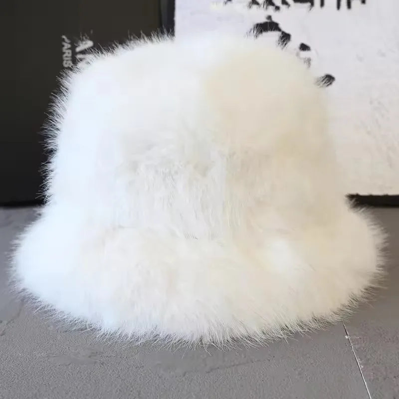 2025 Fluffy Faux Fur Bucket Hats Women Faux Fox Warm Thick Plush Winter Hat Lady Fashion Luxury Panama Furry Fisherman Cap Y2k