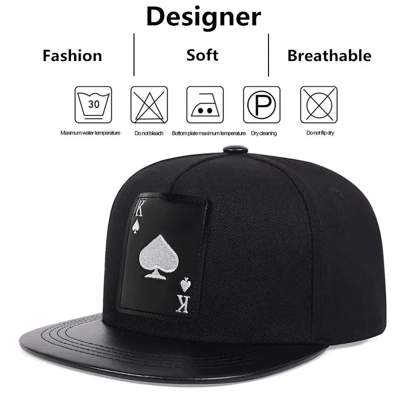 Pu Leather Playing Card Peach Heart K Embroidery Hip-Hop Hats Outdoor Adjustable Casual Baseball