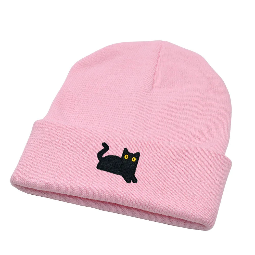 Stretchy Lightweight Knit Beanies Embroidered Black Cat Hat Women Men Winter Warm Hip-Hop Cold