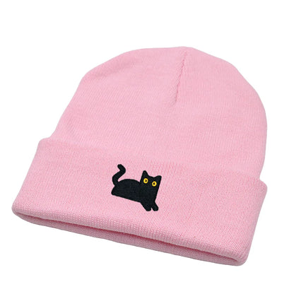 Stretchy Lightweight Knit Beanies Embroidered Black Cat Hat Women Men Winter Warm Hip-Hop Cold