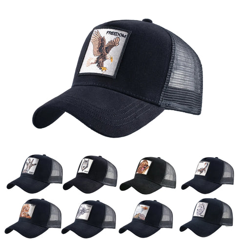 Unisex Black Baseball Cap With Animals Embroidery Patch For Men Women Fashion Snapback Hip Hop Trucker Hat Adjustable Breathable