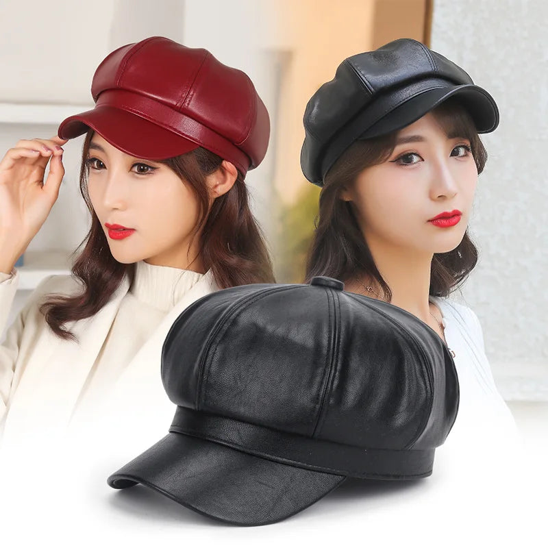 Women Pu Leather Berets Cap Hat Black Red Outdoor Adjustable Female Autumn Winter Casual Lady