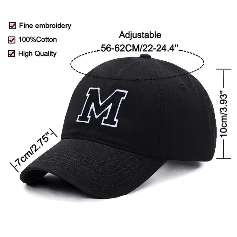 Initial Letter A-Z Embroider Baseball Cap Men Womne Soft Cotton Team Sport Visors Snapback Caps