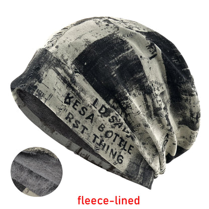 Letter Print Beanie Hat For Women Men Vintage Distressed Cracked Design Wasteland Style Warm Fleece-lined Skullis Beanie Winter