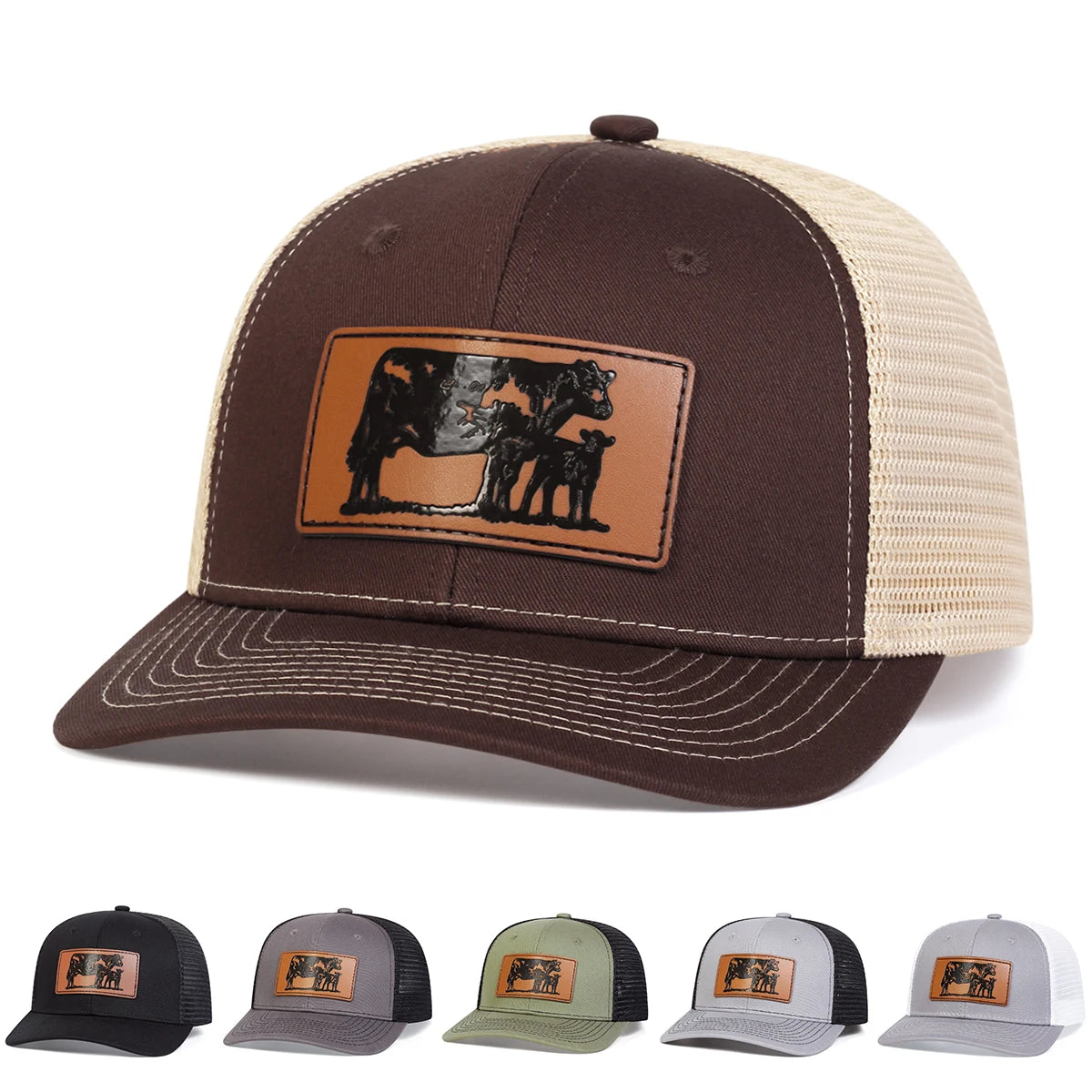 Unisex Brown Cow Leather Label Baseball Net Caps Spring Summer Outdoor Adjustable Casual Hats