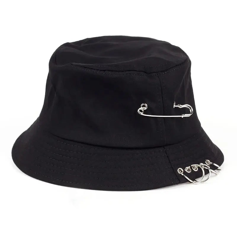 Solid Color Iron Pin Rings Personality Bucket Hat Cap Unisex Women Men Cotton Fishermen Caps