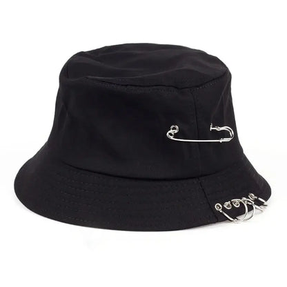 Solid Color Iron Pin Rings Personality Bucket Hat Cap Unisex Women Men Cotton Fishermen Caps