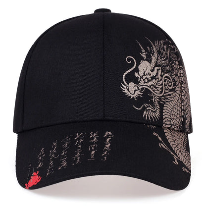 Unisex Baseball Cap Black Adjustable Chinese Style Dragon Print Casual Snapback Hats Bone Hip Hop