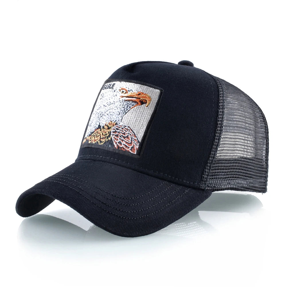 Unisex Black Baseball Cap With Animals Embroidery Patch For Men Women Fashion Snapback Hip Hop Trucker Hat Adjustable Breathable