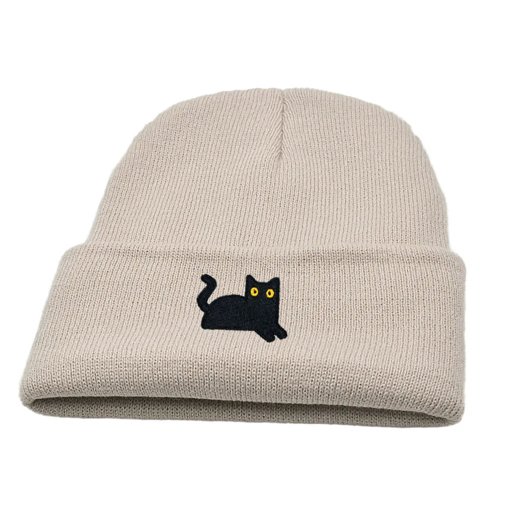 Stretchy Lightweight Knit Beanies Embroidered Black Cat Hat Women Men Winter Warm Hip-Hop Cold