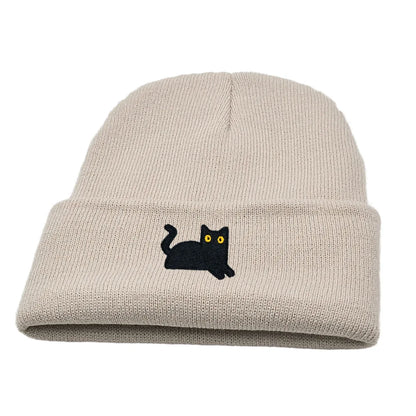 Stretchy Lightweight Knit Beanies Embroidered Black Cat Hat Women Men Winter Warm Hip-Hop Cold