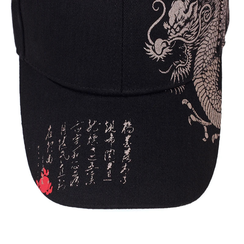 Unisex Baseball Cap Black Adjustable Chinese Style Dragon Print Casual Snapback Hats Bone Hip Hop
