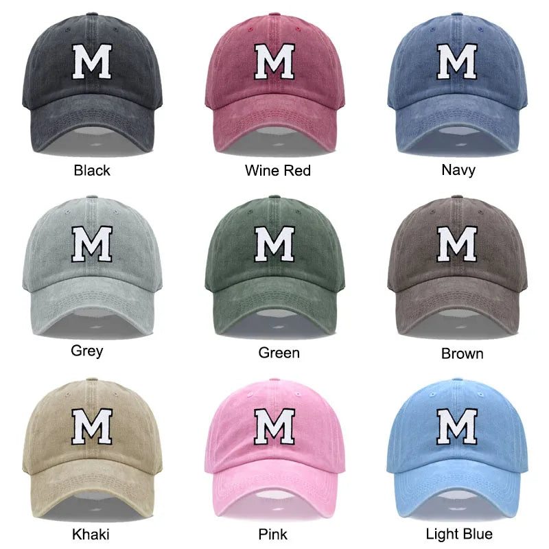 Initial Letter A-Z Embroidery Baseball Cap Men Womne Washed Cotton Dad Hats Team Sport Visors