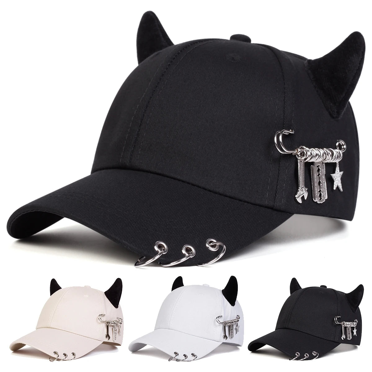 Unisex Lron Ring Cow Horn Personality Baseball Caps Spring Autumn Outdoor Adjustable Casual Hats
