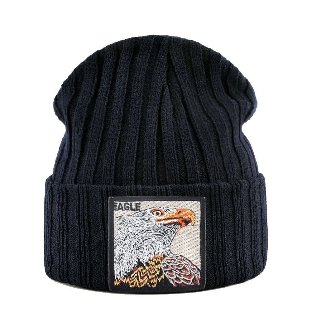 Unisex Black Beanie Hat With Animals Embroidery Patch Knitted Skull Cap For Men Women For Autumn Winter Streetwear Bonnet Hats