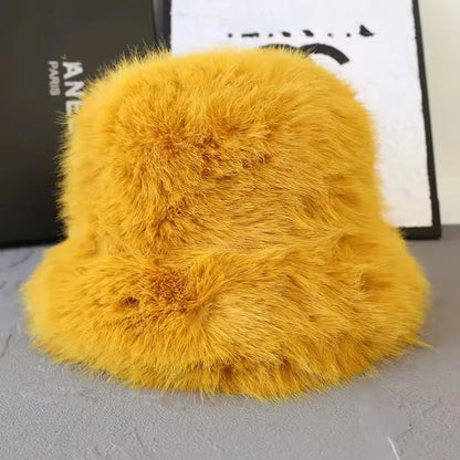 2025 Fluffy Faux Fur Bucket Hats Women Faux Fox Warm Thick Plush Winter Hat Lady Fashion Luxury Panama Furry Fisherman Cap Y2k