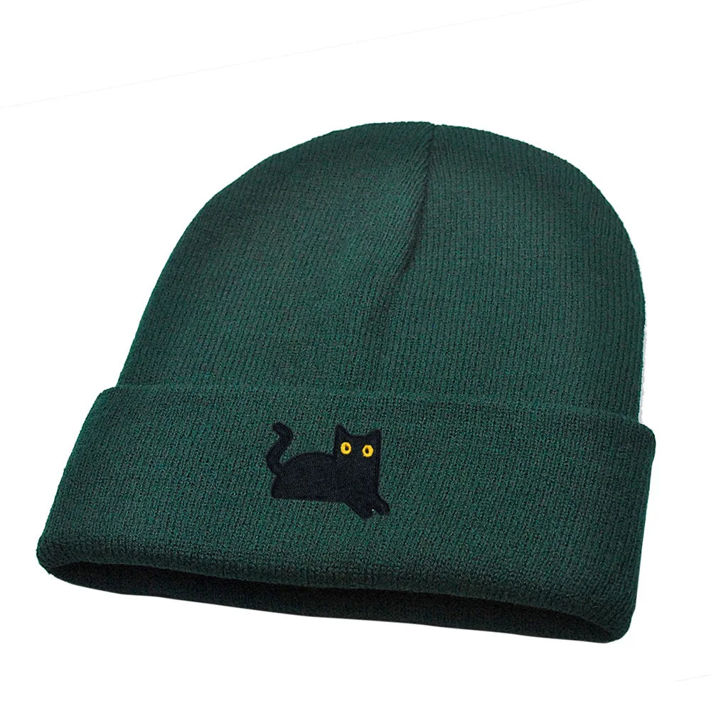 Stretchy Lightweight Knit Beanies Embroidered Black Cat Hat Women Men Winter Warm Hip-Hop Cold