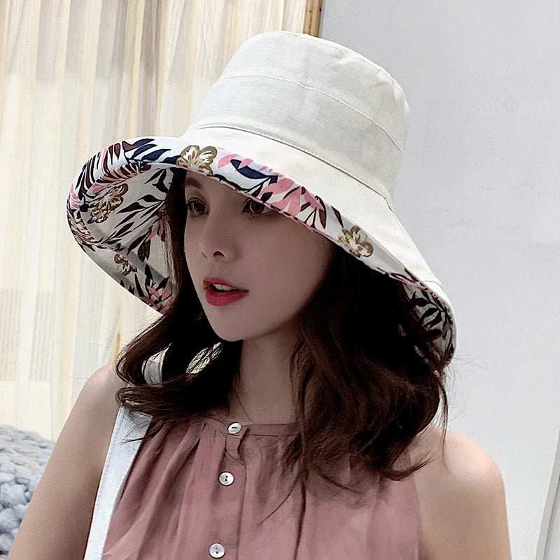 Spring Summer Women S Bucket Hat Panamanian Four Seasons Fisherman Big Brim Double-Sided Solid Color