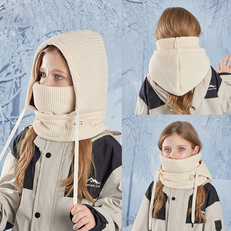 Winter Child Balaclava Hat Boy Girl Fleece-Lined Bonnets Windproof Mask Knitted Beanies Cap Scarf