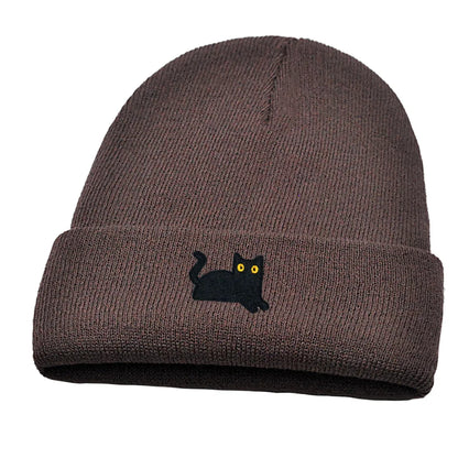 Stretchy Lightweight Knit Beanies Embroidered Black Cat Hat Women Men Winter Warm Hip-Hop Cold