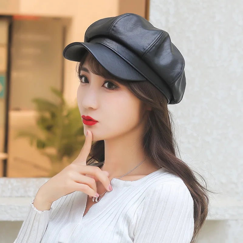 Women Pu Leather Berets Cap Hat Black Red Outdoor Adjustable Female Autumn Winter Casual Lady