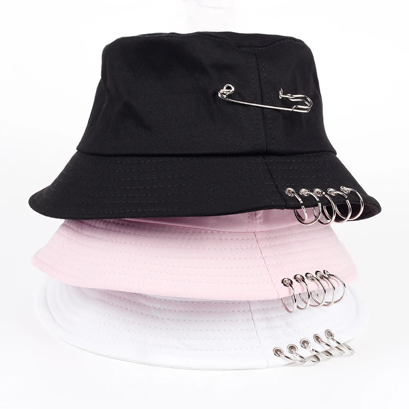 Solid Color Iron Pin Rings Personality Bucket Hat Cap Unisex Women Men Cotton Fishermen Caps