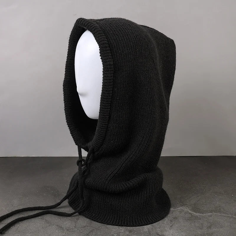 Winter Hats for Men Balaclava Knit Hats with Drawstring Warm Hooded Scarf Hat Solid Color Neck Collar Knitted Pullover Beanies