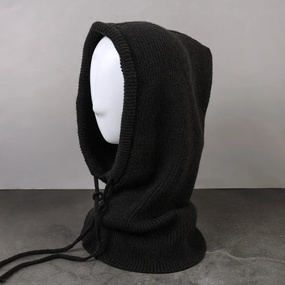 Winter Hats for Men Balaclava Knit Hats with Drawstring Warm Hooded Scarf Hat Solid Color Neck Collar Knitted Pullover Beanies