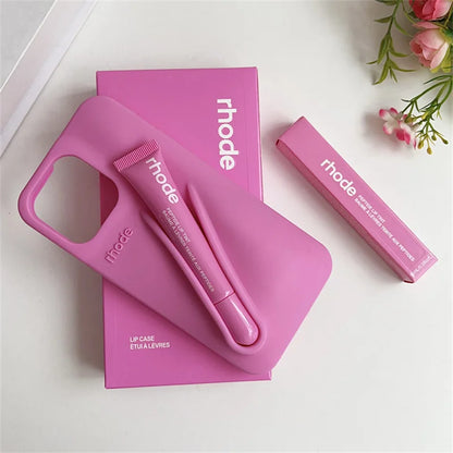 RHODE Lip Gloss Phone Case Set for iPhone 11–17 – Silicone Makeup Case with Box